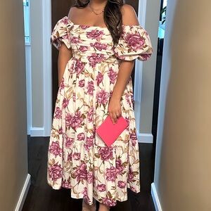 Abercrombie & Fitch White Midi Dress with Pink Floral Print